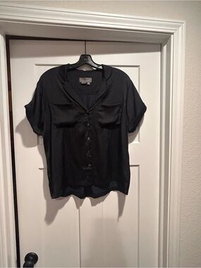 Like New - Anthropologie Black Satin V-Neck Blouse - Size S